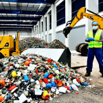 A dedicated waste management specialist, wearing work boots and protective gloves, actively supervising a cutting-edge recycling line in a large facility in Turkey. The specialist has a focused, determined expression, surrounded by segregated waste streams and modern machinery. The scene emphasizes hands-on operational work, problem-solving, and the transformation of waste into resources, reflecting the practical, field-oriented nature of the job.