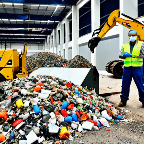 Home 13 A dedicated waste management specialist, wearing work boots and protective gloves, actively supervising a cutting-edge recycling line in a large facility in Turkey. The specialist has a focused, determined expression, surrounded by segregated waste streams and modern machinery. The scene emphasizes hands-on operational work, problem-solving, and the transformation of waste into resources, reflecting the practical, field-oriented nature of the job.